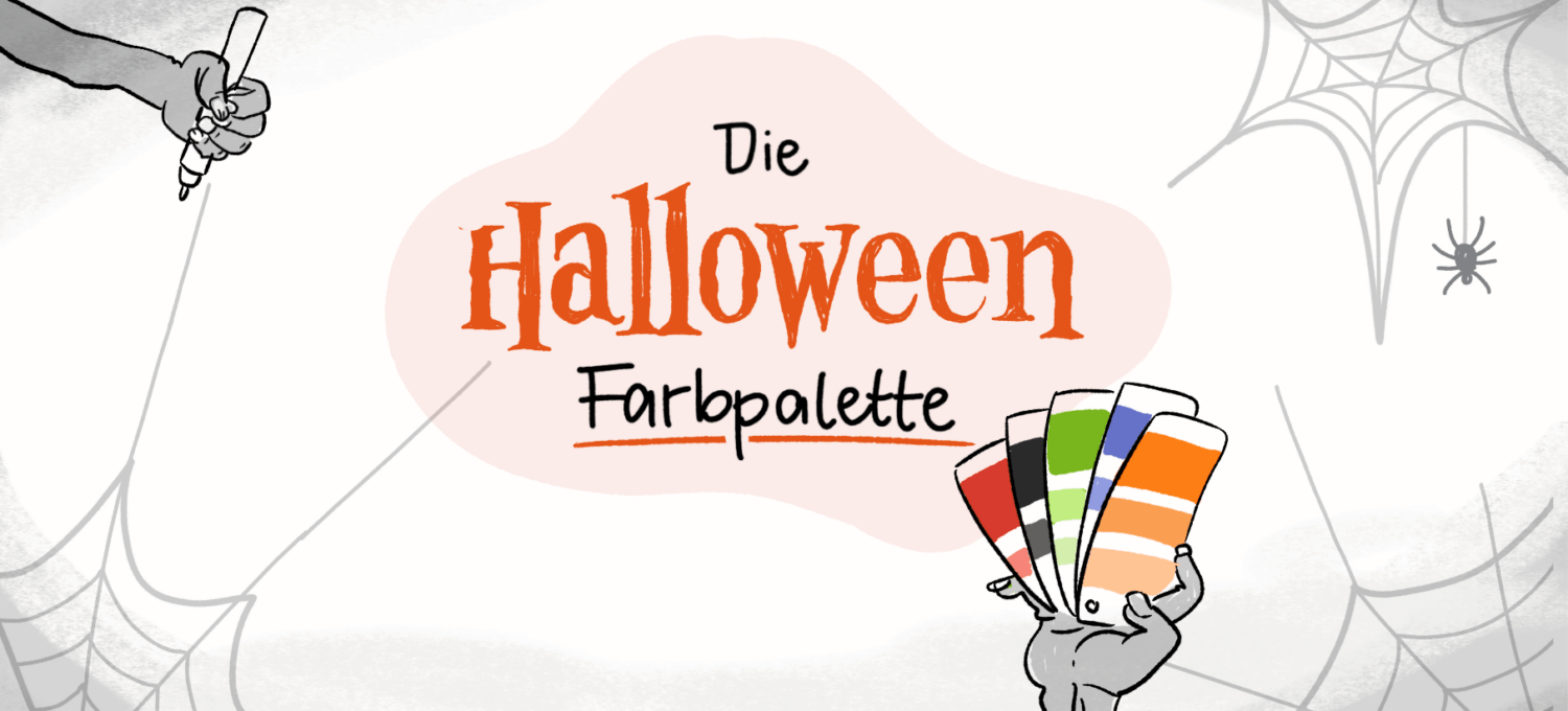 Eine Halloween-Grafik mit dem Titel "Die Halloween Farbpalette", auf der eine Hand eine Farbfächerkarte hält. Im Hintergrund sind Spinnweben und eine kleine schwarze Spinne zu sehen. Die Farbfächerkarte zeigt Schwarz, Weiß, Lila, Grün, Orange und Rot, die Halloween-Farben symbolisieren.