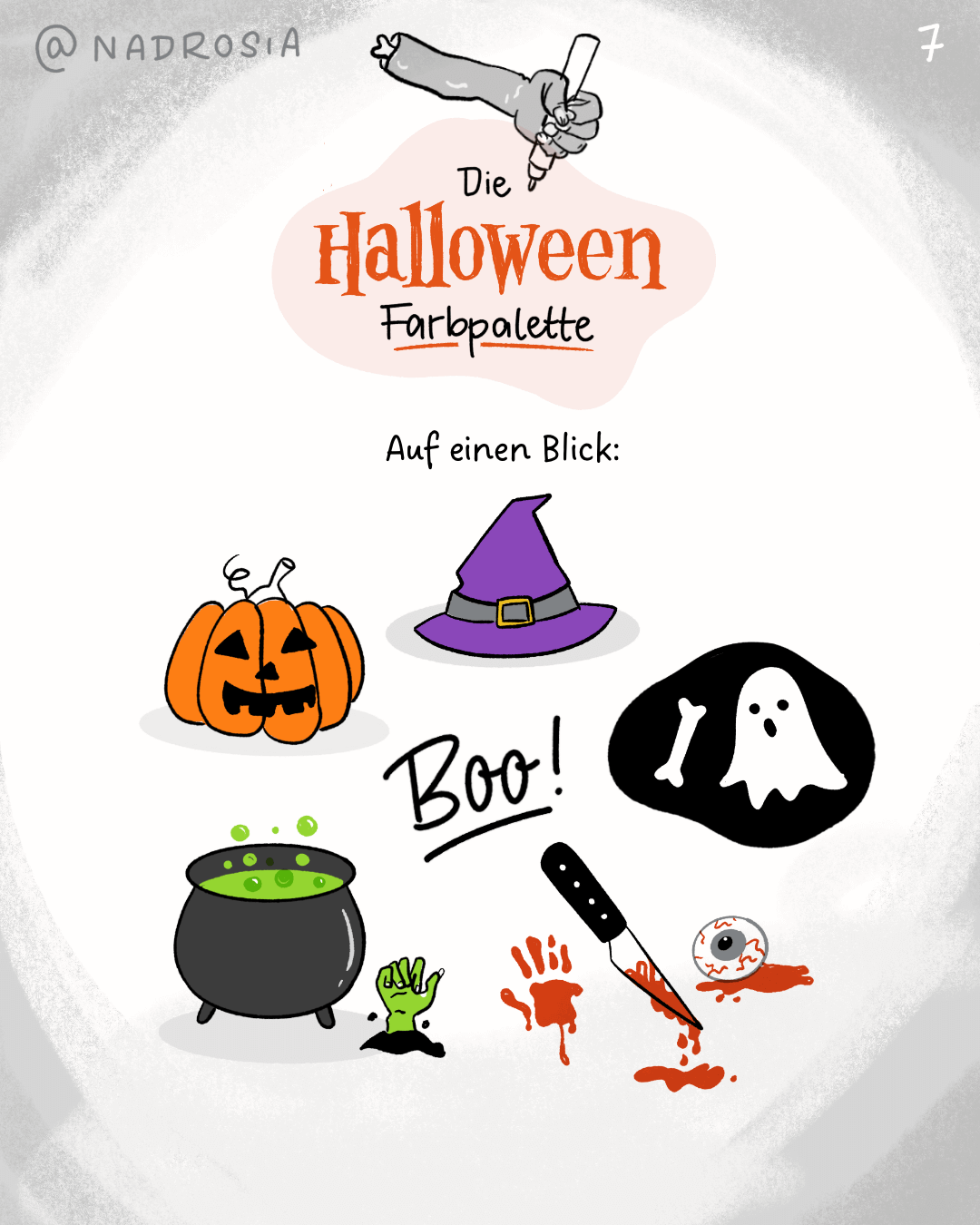 Eine Zusammenfassung aller Halloween-Symbole: ein geschnitzter Kürbis, ein lila Hexenhut, der Schriftzug "Boo!", ein Geist mit einem Knochen, ein Hexenkessel mit grüner Flüssigkeit, eine grüne Hand und blutige Spuren. Diese Symbole sind Teil der Halloween-Farbpalette.