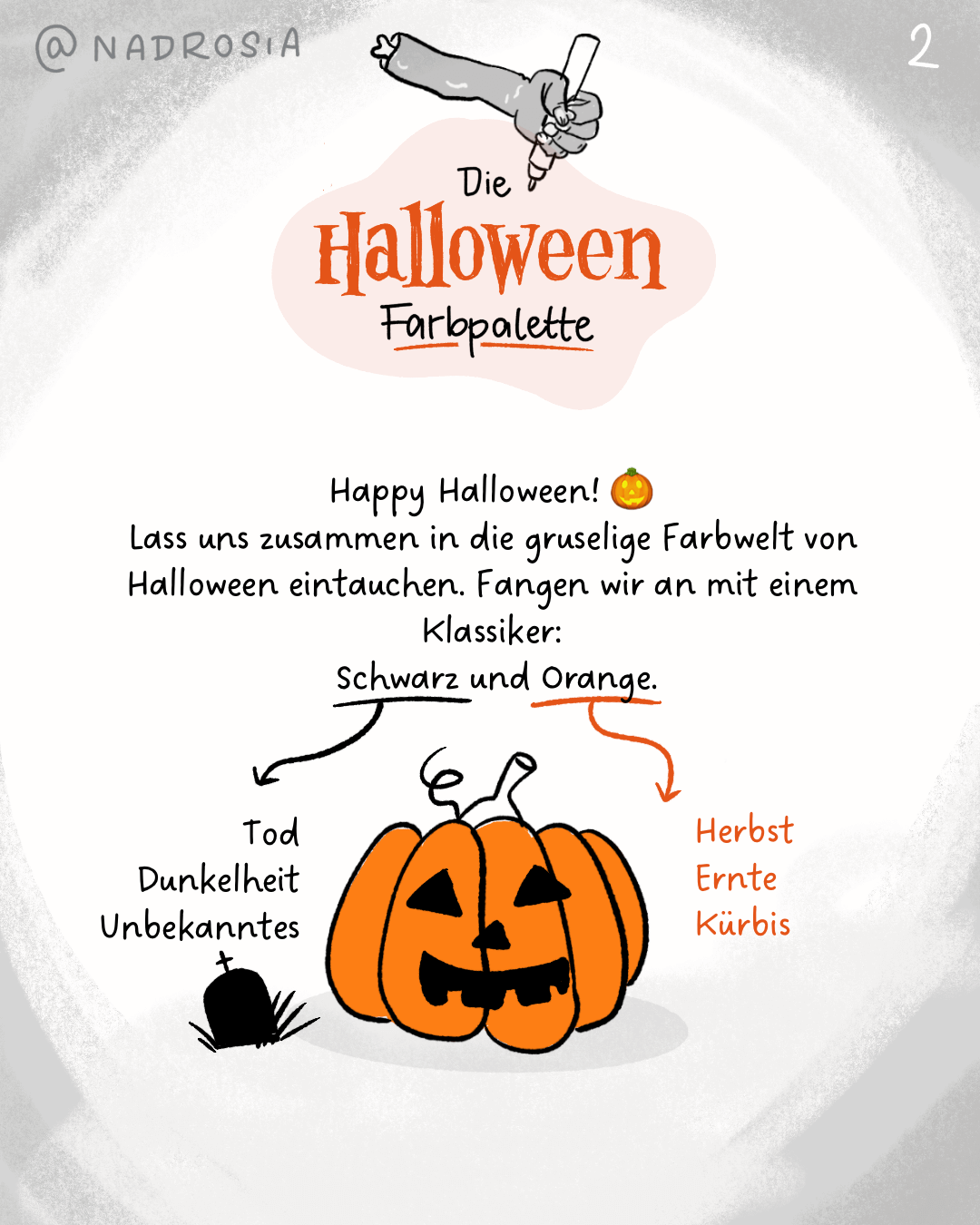 Eine Grafik mit einem Kürbis, der als Halloween-Kürbislaterne (Jack-o'-Lantern) geschnitzt ist. Oben steht "Die Halloween Farbpalette". Schwarz wird mit Tod, Dunkelheit und dem Unbekannten beschrieben, während Orange für Herbst, Ernte und Kürbis steht.