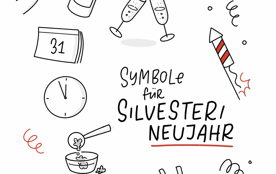 Illustration von Symbolen für Silvester und Neujahr, erstellt von @nadrosia. Gezeigt werden unter anderem: eine Hand mit Wunderkerze, eine Champagnerflasche, zwei anstoßende Sektgläser, ein Feuerwerk, eine Rakete, ein Kalenderblatt mit der Zahl 31, eine Uhr kurz vor Mitternacht, eine Schüssel mit Blei (für Bleigießen), ein Kleeblatt, ein Partyhut und eine Pfanne mit Fondue. Die Farben sind hauptsächlich Schwarz, Weiß und Rot, begleitet von einigen dekorativen Linien und Punkten.