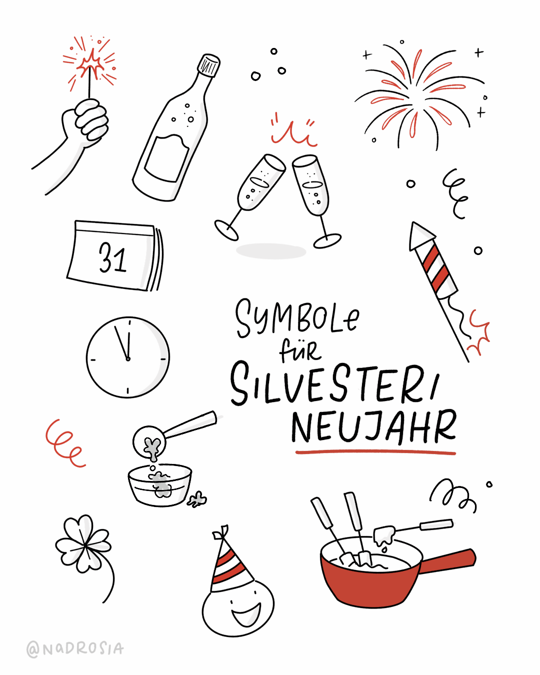 Illustration von Symbolen für Silvester und Neujahr, erstellt von @nadrosia. Gezeigt werden unter anderem: eine Hand mit Wunderkerze, eine Champagnerflasche, zwei anstoßende Sektgläser, ein Feuerwerk, eine Rakete, ein Kalenderblatt mit der Zahl 31, eine Uhr kurz vor Mitternacht, eine Schüssel mit Blei (für Bleigießen), ein Kleeblatt, ein Partyhut und eine Pfanne mit Fondue. Die Farben sind hauptsächlich Schwarz, Weiß und Rot, begleitet von einigen dekorativen Linien und Punkten.