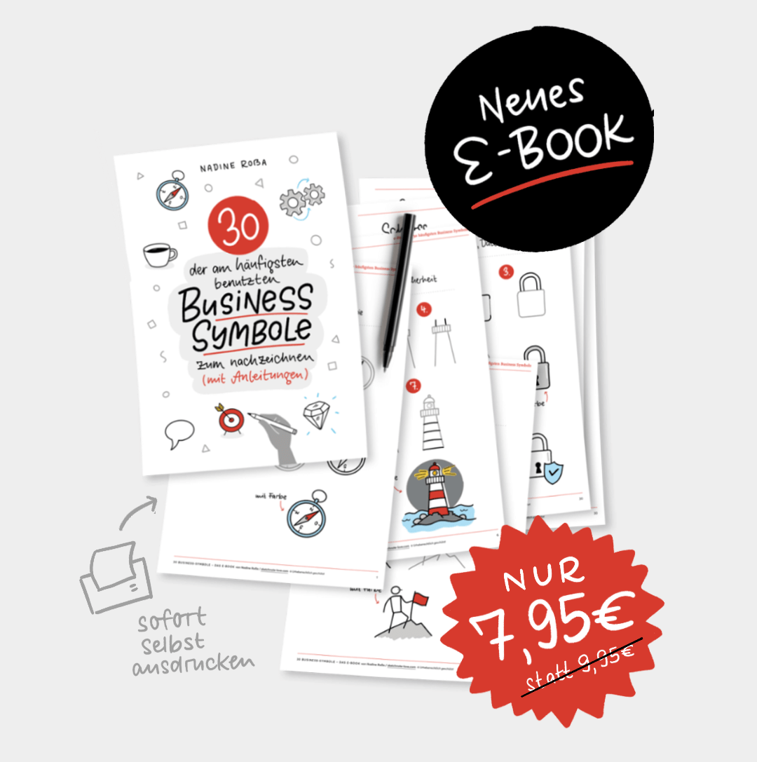 Cover und Beispielseiten des E-Books „30 der am häufigsten benutzten Business-Symbole zum Nachzeichnen (mit Anleitungen)“ von Nadine Roßa. Das digitale Sketchnotes-Zeichenbuch zeigt Schritt-für-Schritt-Anleitungen für Business-Symbole wie Leuchtturm, Schloss und Kompass.