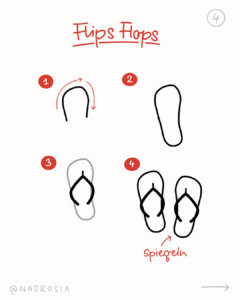 Flipflops zeichnen lernen in vier einfachen Sketchnote-Schritten – sommerliches Symbol ideal für Sketchnotes und visuelle Notizen.