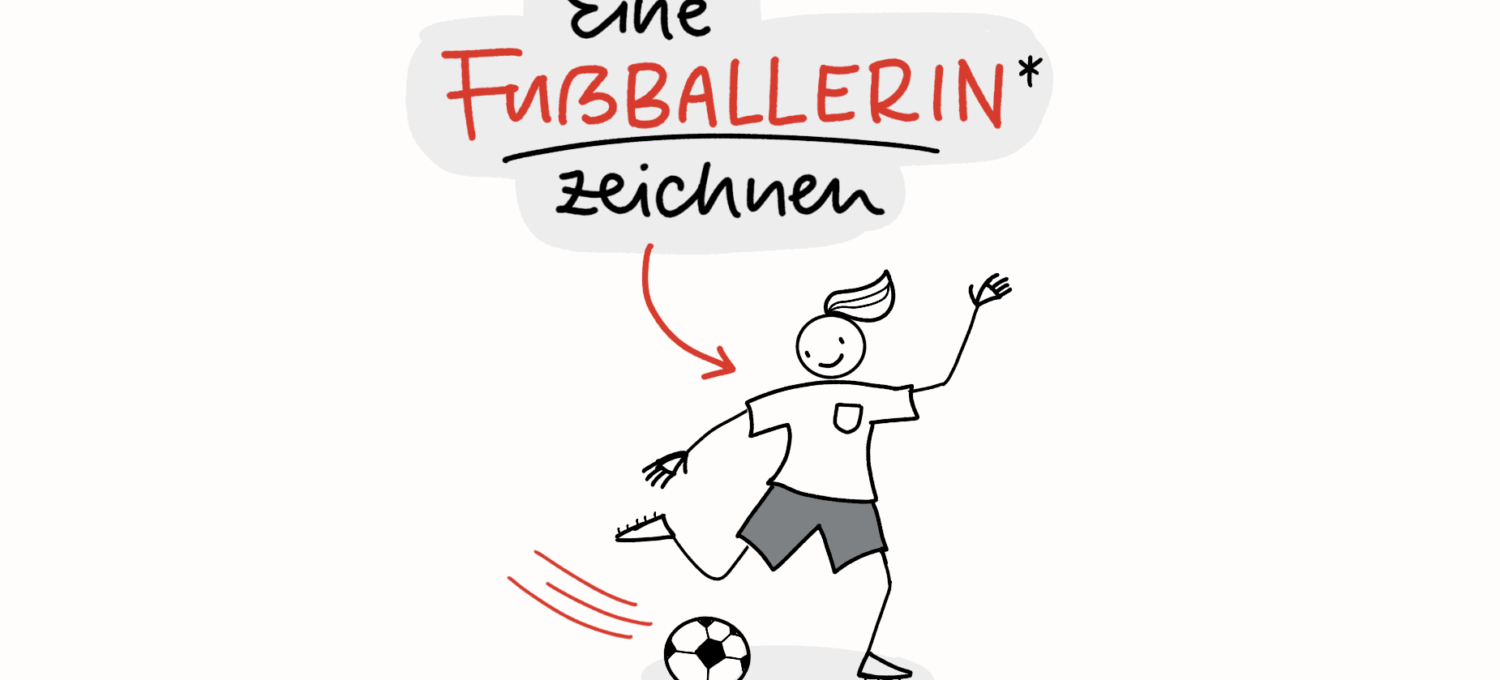 Illustration mit dem Titel „Eine Fußballerin zeichnen – als Strichfigur“. Oben steht der Text in einer Mischung aus schwarzer und roter Handschrift. Darunter ist eine einfache, gezeichnete Strichfigur zu sehen: Eine lächelnde Fußballerin mit kurzem Shirt, Shorts, einem Pferdeschwanz und Fußballschuhen. Sie hebt ein Bein, als würde sie gerade einen schwarz-weißen Fußball kicken. Dynamische rote Linien betonen die Bewegung. Ein Pfeil zeigt vom Titel auf die Figur. Verspielter, klarer Stil, ideal für Zeichenanfänger*innen.