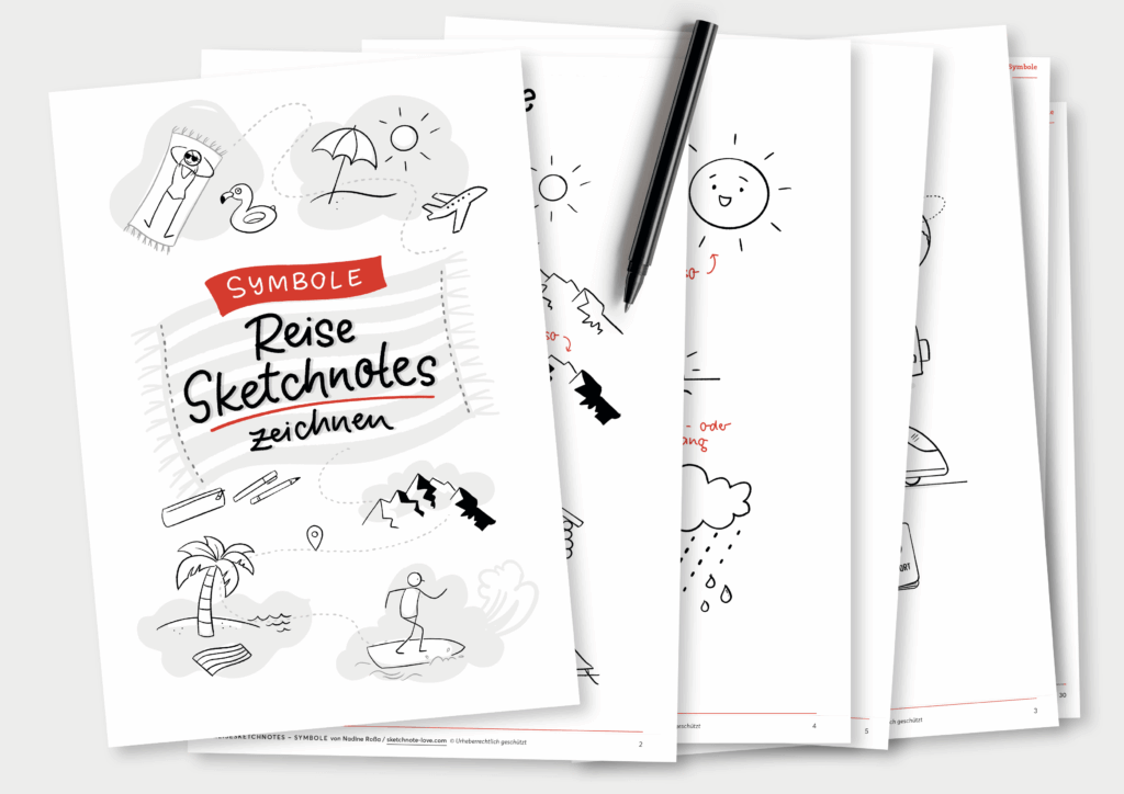 Cover und Einblick in ein Sketchnote-PDF zum Thema „Reise Sketchnotes zeichnen“ – zeigt verschiedene Reisesymbole wie Sonne, Flugzeug, Palme, Berge und Surfbrett im Sketchnote-Stil. Ideal für alle, die Reisetagebücher oder Urlaubserinnerungen kreativ visualisieren möchten. Perfekt für Sketchnote-Fans und kreative Reisende.