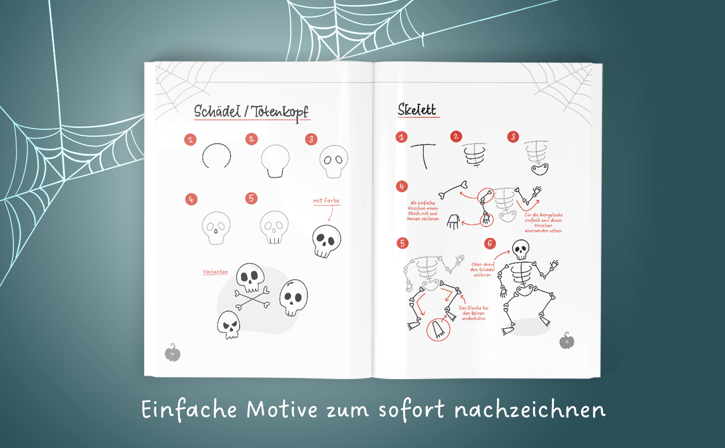 Eine aufgeschlagene Doppelseite aus dem Buch Einfache Dinge aus Kreisen zeichnen zeigt Schritt-für-Schritt-Anleitungen zum Zeichnen von Meeresmotiven. Auf der linken Seite wird das Zeichnen einer Krake erklärt: Von einem einfachen Kreis aus werden Tentakel ergänzt, bis schließlich eine detaillierte, lilafarbene Krake entsteht. Auf der rechten Seite wird ein Fisch gezeichnet: Beginnend mit einem Kreis werden Flossen, Schuppen und ein Gesicht hinzugefügt. Am unteren Rand sind verschiedene Varianten wie ein Kugelfisch und ein Goldfisch in einem Glas dargestellt. Die Illustrationen sind klar, einfach und spielerisch gehalten, ideal für Anfänger:innen