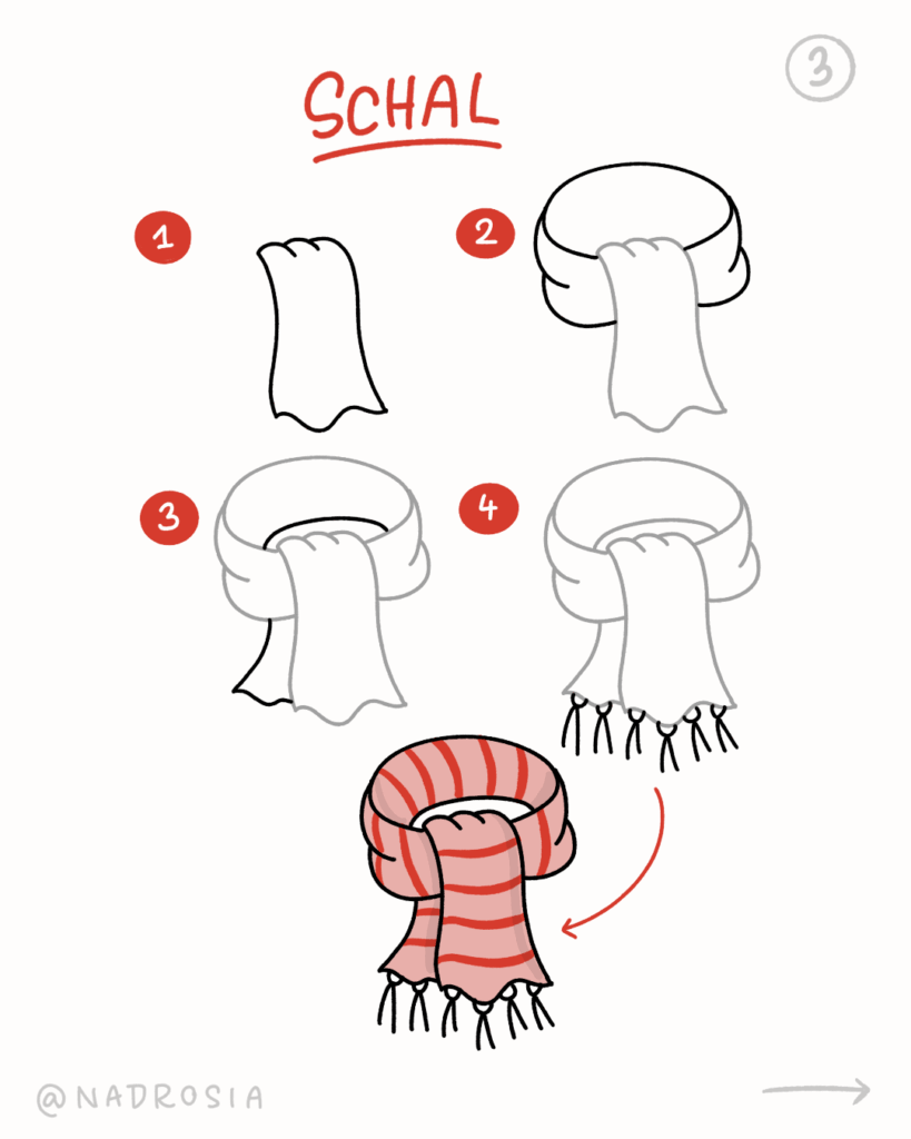 Zeichenanleitung für einen gestreiften Schal in vier Schritten – vom einfachen Stoffstück bis zum farbigen, eingerollten Schal mit Fransen.