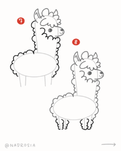 Zeichenanleitung Schritt 7–8: Körperkontur, Beine und Fellstruktur des Alpakas entstehen.
