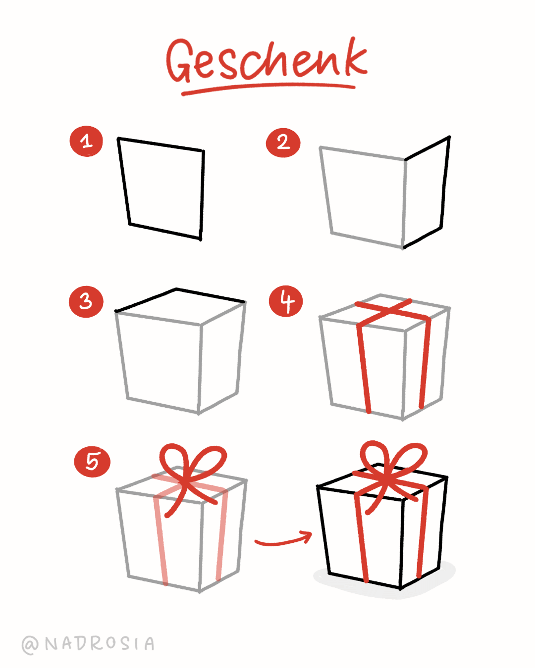 Schritt-für-Schritt-Anleitung zum Zeichnen eines einfachen Geschenk-Symbols mit Schleife.