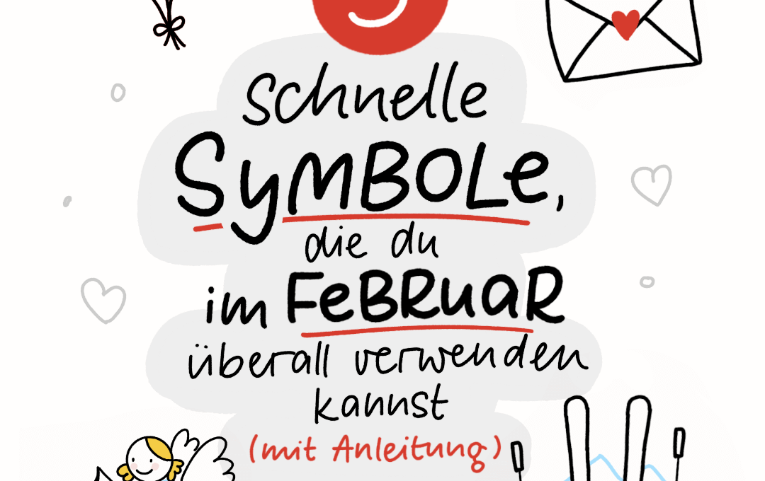 Übersichtsgrafik mit fünf schnellen Symbolen für Sketchnotes im Februar: Skier, Herzballons, Liebesbrief, Liebesengel und Karnevalshut – inklusive Zeichenanleitungen.