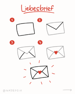Einfache Sketchnote-Anleitung für einen Liebesbrief als Symbol. Schrittweise entsteht ein Briefumschlag mit Herz – ein typisches Valentinstag-Symbol für Sketchnotes im Februar.