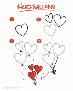 Schritt-für-Schritt-Zeichnung von Herzballons als Symbol. Mehrere Herzformen werden zu einem Ballonstrauß kombiniert – ein fröhliches Valentinstag-Motiv für Sketchnotes.