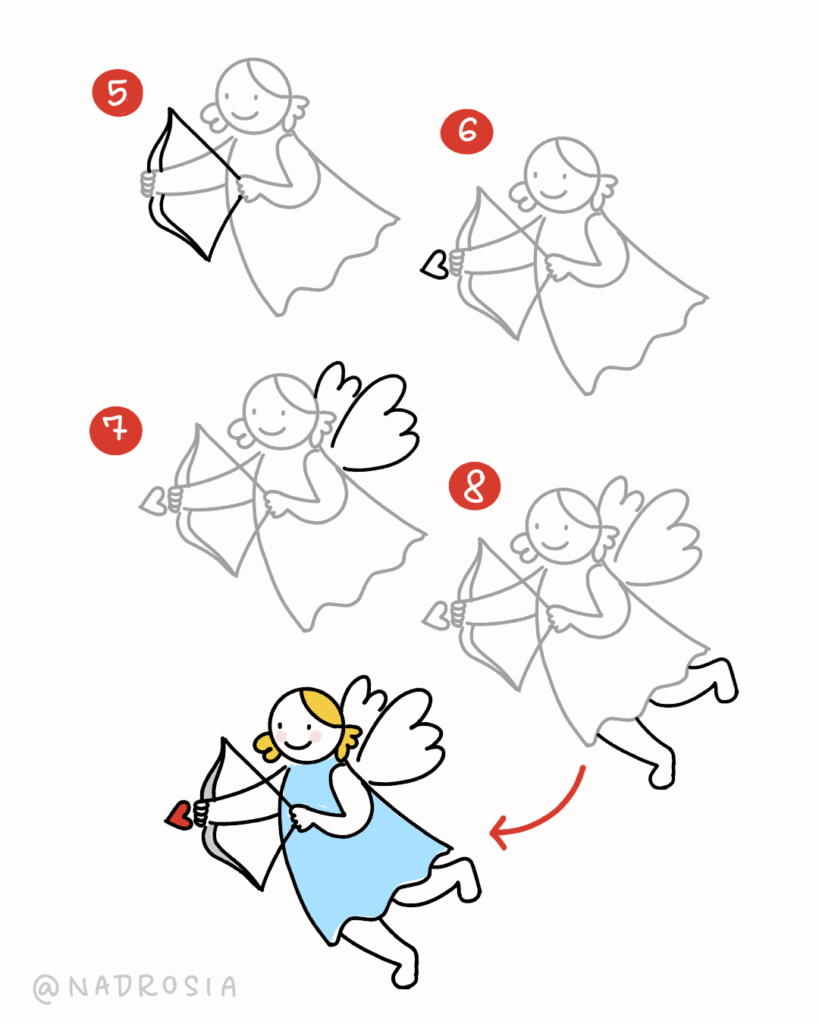 Sketchnote-Anleitung für einen Liebesengel. Aus einfachen Formen entsteht ein Engel mit Umhang – ein leichtes Symbol für Liebe und Mitgefühl in Sketchnotes.