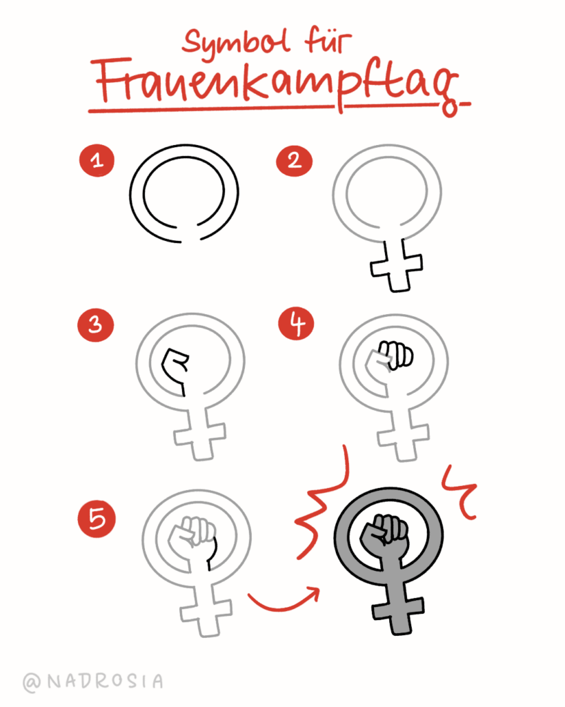Schritt-für-Schritt-Anleitung für ein Symbol zum Frauenkampftag: weibliches Symbol mit erhobener Faust.
