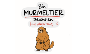 Zeichenanleitung für ein Murmeltier in neun Schritten: Von der einfachen Grundform über Gesicht, Ohren, Pfoten und Schwanz bis zum fertig ausgemalten Murmeltier.“