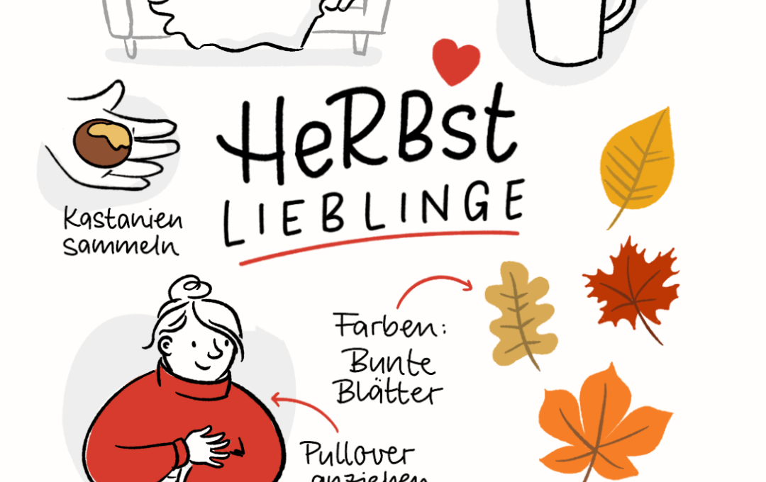 Sketchnotes zum Herbst mit Herbstlieblingen wie bunten Blättern, Kürbissen, Kastanien, warmem Kakao, Pullover und gemütlichem Filmeabend.