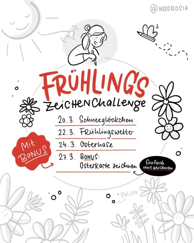 Ihr habt euch eine neue Challenge gewünscht, ihr kriegt eine neue Challenge 😁  Ich weiß ja nicht wie es euch geht, aber ich bin dann wirklich bereit für den Frühling. Zum Glück hat er dieses Wochenende schon mal vorbei geschaut, zumindest hier in Berlin.  Morgen geht es los mit der Frühlingszeichenchallenge. Insgesamt vier Tage lang wird gezeichnet (mit mindestens einem Tag Pause dazwischen für die Entschleunigung). Es gibt hier und im Newsletter jeden Tag eine Anleitung oder Input. Also: spitzt die Stifte!  Hier ist schon mal der Hashtag, damit wir auch alles wieder finden: #frühlingszeichenchallenge  ✃···················​​​​​​​​
#sketchnotes #sketchnoting #arttip #visualnotes #doodlingart #vizthink #notetaking #ipadsketching #visualcoaching #sketchaday #howtodraw #sketchnoteskannjeder #sketchnotes #symbole #symbolbibliothek #instalehrerzimmer #ostern #Frühling #Spring #Sonne #Regenwetter #meteorologischerfrühlingsanfang #frühlingsanfang #schneeglöckchen #ichkannzeichnen